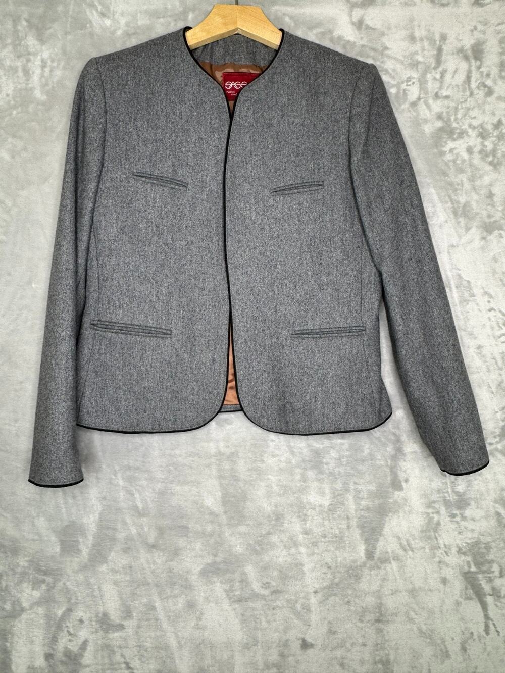 Vintage Sasson Coat Womens 12/13 Gray Black Piping Lined Wool Blend 80s Career
